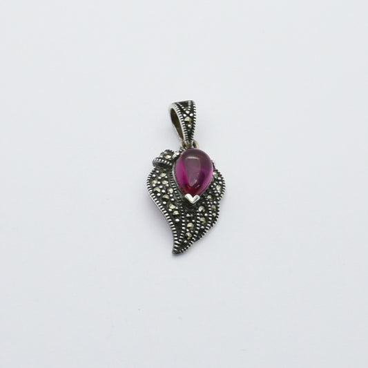 Vintage Silver Fuchsia Garnet & Marcasite Leaf Pendant