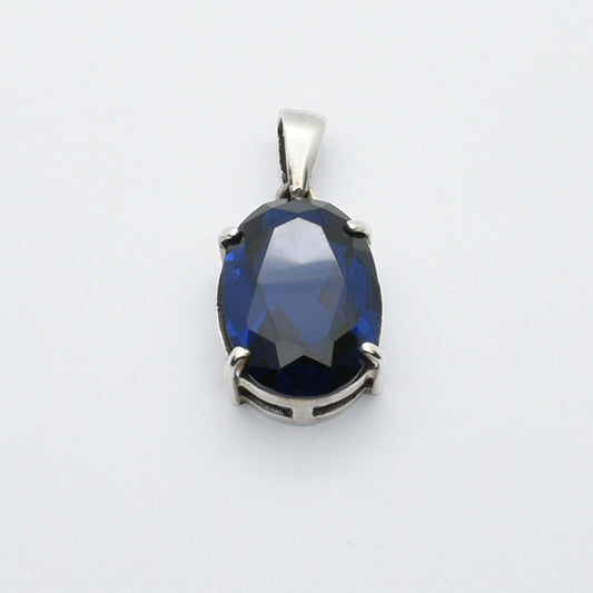 Oval Blue Faceted Stone Pendant in Sterling Silver-Tone Setting