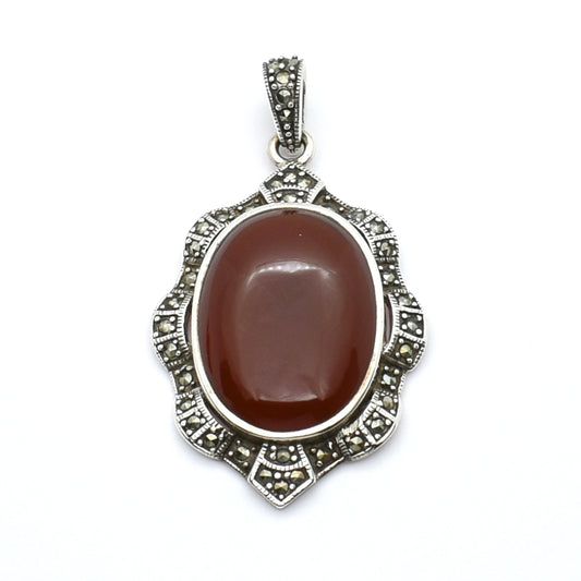 Ornate Vintage Silver Carnelian & Marcasite Pendant