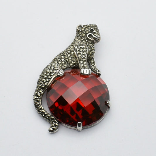 "Power and Passion": Garnet & Marcasite Panther Vintage Silver Pendant.