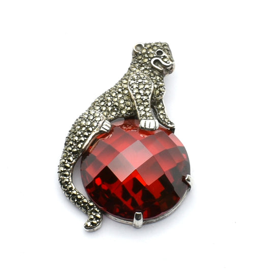 "Power and Passion": Garnet & Marcasite Panther Vintage Silver Pendant.