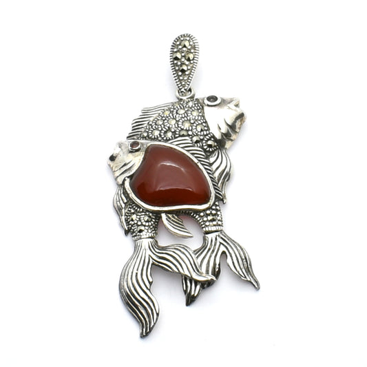 Vintage Silver Double Fish Pendant with Onyx/ Carnelian & Marcasite