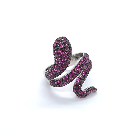 Bold Sterling Silver Snake Ring with Fuchsia CZ Stones