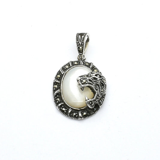Vintage Silver Tiger Head Pendant with Mother of Pearl & Marcasite