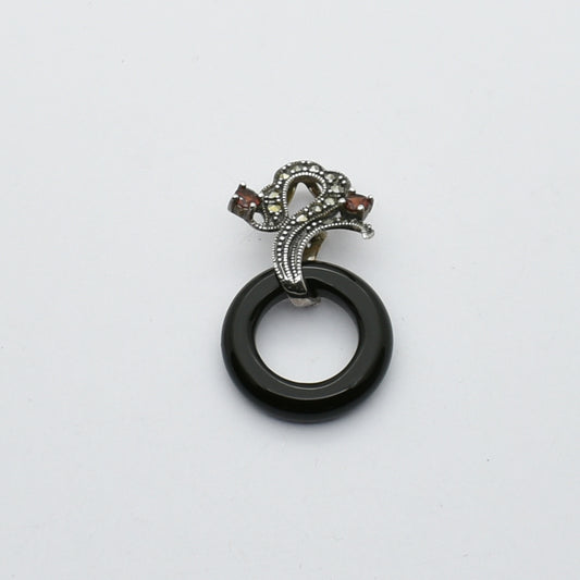 Vintage Art Deco Silver Black Onyx, Marcasite & Garnet Circle Pendant