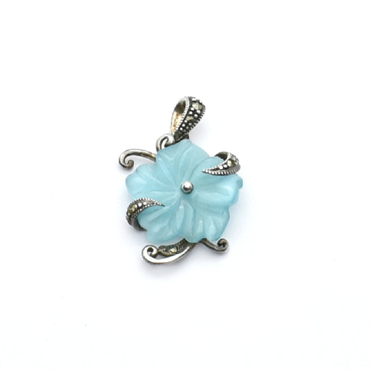 Vintage Style Sterling Silver Carved Blue Flower & Marcasite Pendant