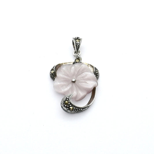 Vintage Style Sterling Silver Carved light purple Flower & Marcasite Pendant