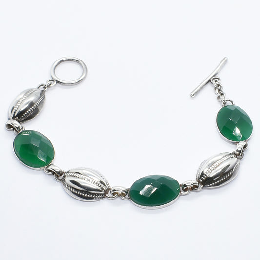 Elegant Sterling Silver Bracelet with Green Agate and Cowrie Shell Accents.