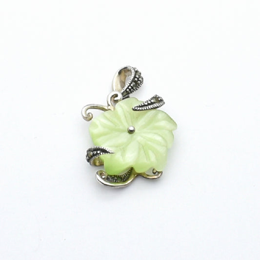 Vintage Style Sterling Silver Carved Light Green Flower & Marcasite Pendant