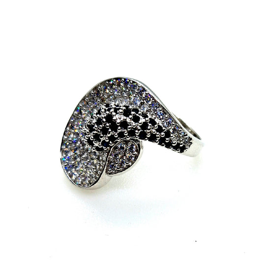 Striking Modern Art Deco Sterling Silver Ring with Sparkling Black & White CZ Accents