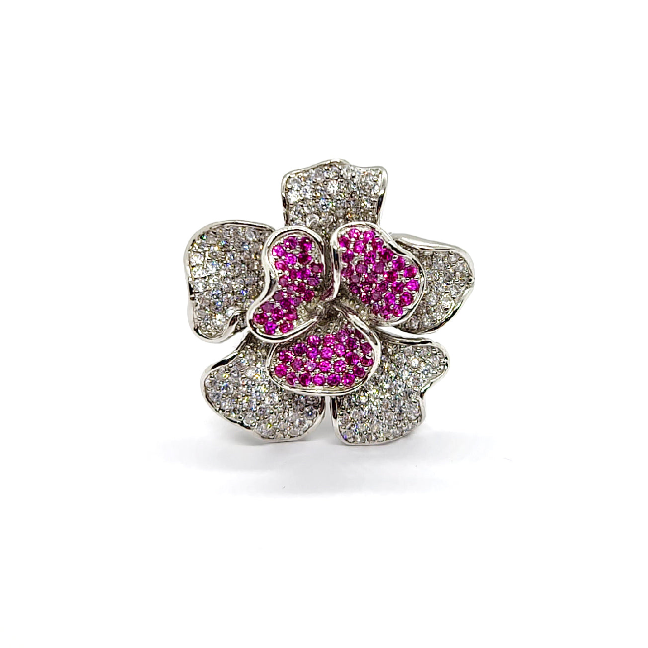 Bold Sterling Silver Statement Flower Ring with Pink & White Cubic Zirconia