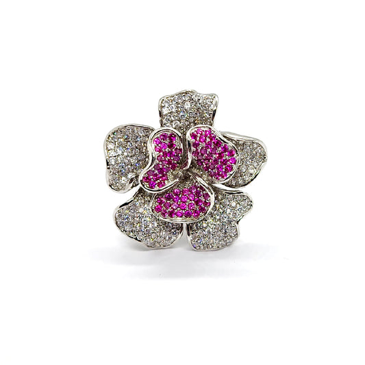 Bold Sterling Silver Statement Flower Ring with Pink & White Cubic Zirconia