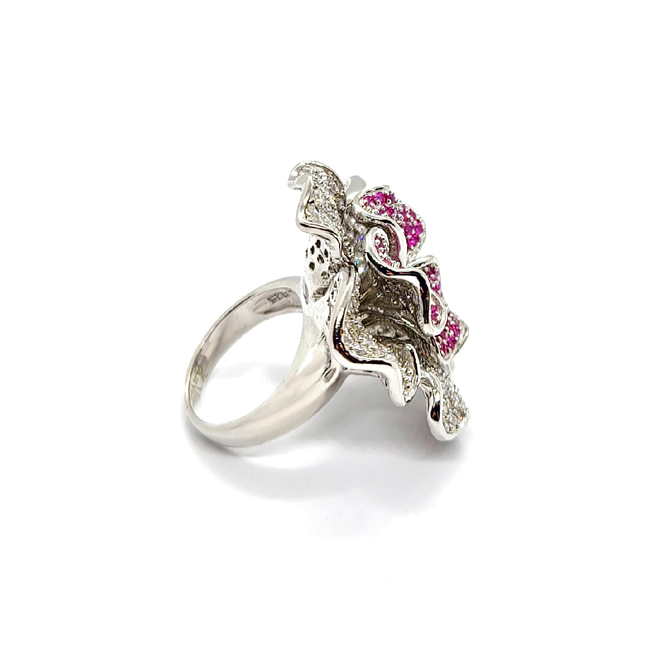 Bold Sterling Silver Statement Flower Ring with Pink & White Cubic Zirconia