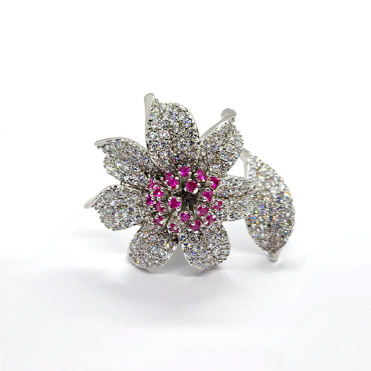 Bold Blossom Sterling Silver Ring with Fuchsia & White CZ | Statement Flower Ring