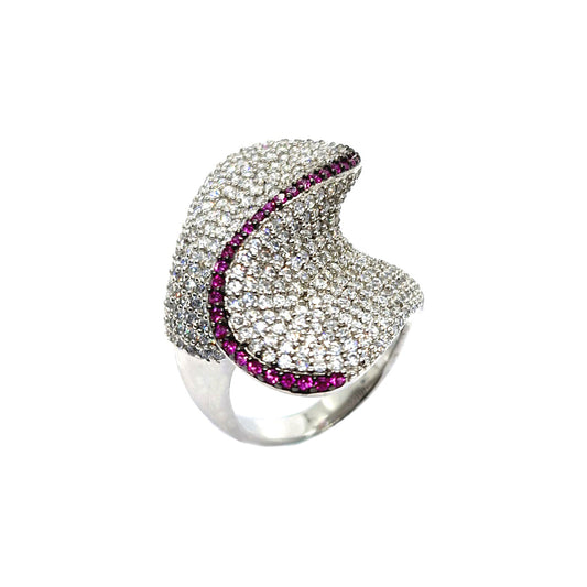 Elegant Sterling Silver Wave Ring with White and Purple CZ Stones