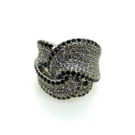 Intricate Knot Ring: Black & White CZ Sparkle in Sterling Silver