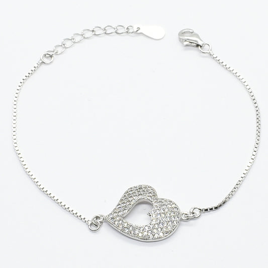 Sterling Silver Pave Heart Bracelet – Elegant & Romantic.