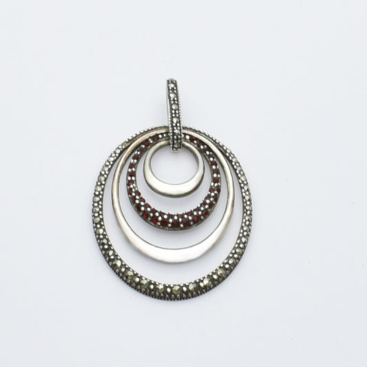 Garnet & Marcasite Concentric Circle Pendant in Vintage Silver.