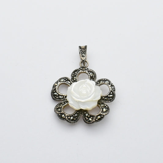 Vintage Sterling Silver Marcasite and Mother of Pearl Rose Pendant
