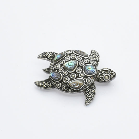 Vintage Silver Turtle Brooch with Abalone & Marcasite