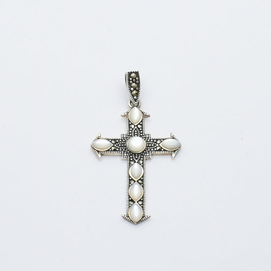 Elegant Vintage Silver Cross Pendant with Mother-of-Pearl & Marcasite.