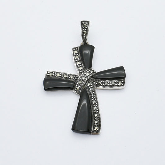Elegant Black Onyx & Marcasite Cross Pendant – Vintage Silver-Inspired Beauty
