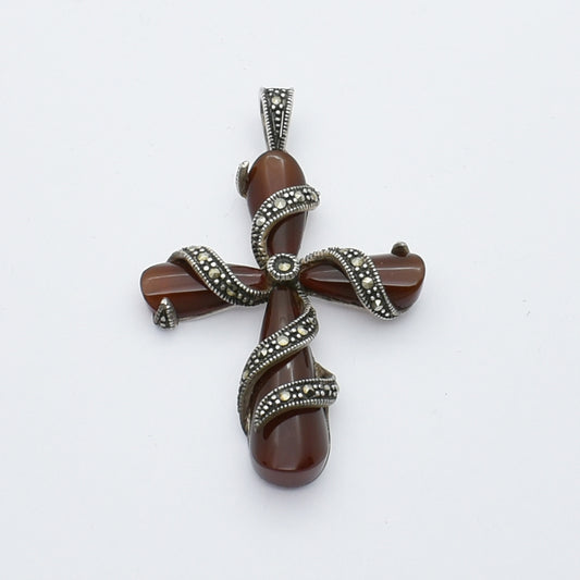 Vintage Silver & Carnelian Cross Pendant – Antique-Inspired Elegance