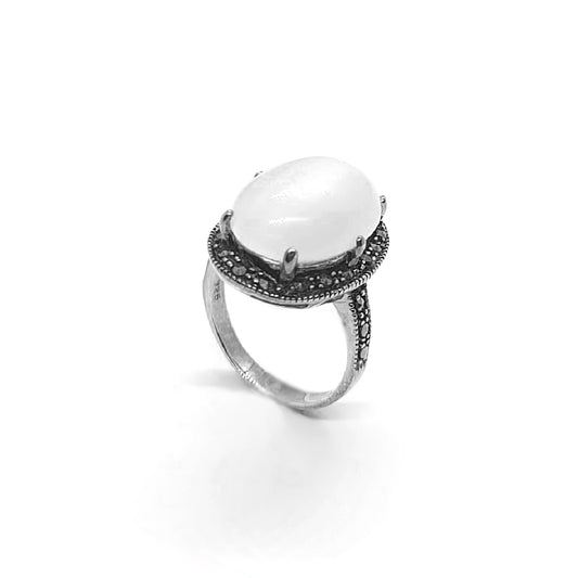 Vintage Silver Oval Moonstone Ring with Marcasite Halo