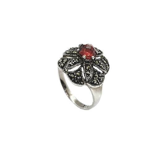 Vintage Silver Garnet & Marcasite Navette Ring