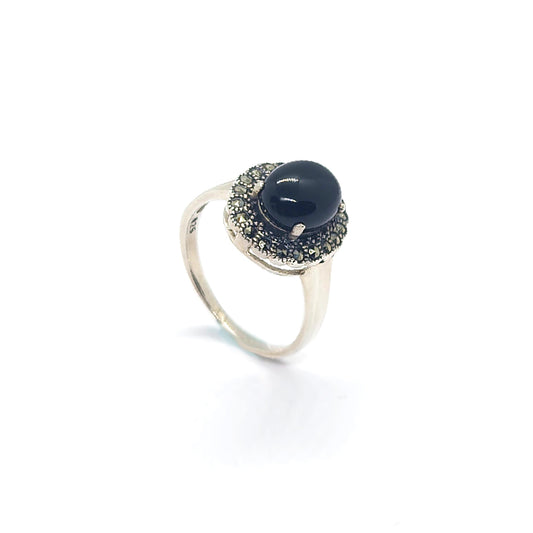 Heirloom-Inspired Vintage Silver Ring with Oval Gemstone & Marcasite Accents