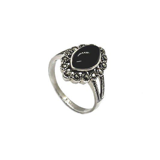 Vintage Silver Black Onyx Marquise Marcasite Ring