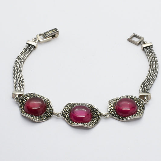 Fuchsia Garnet & Marcasite Vintage Silver Bracelet.