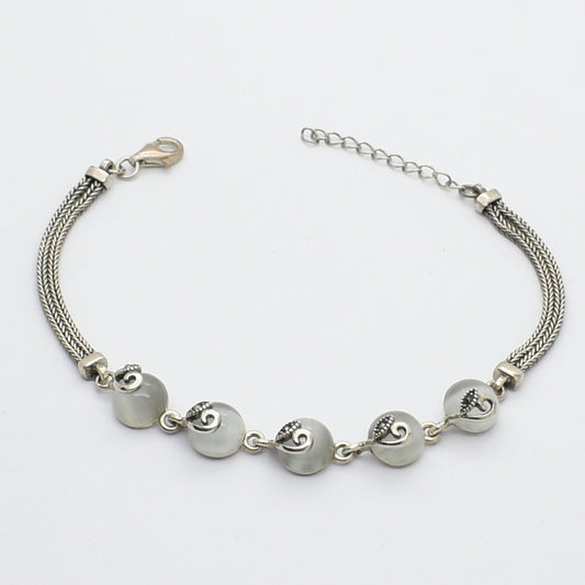 Vintage Silver Bracelet with Moonstone & Floral Marcasite Accents