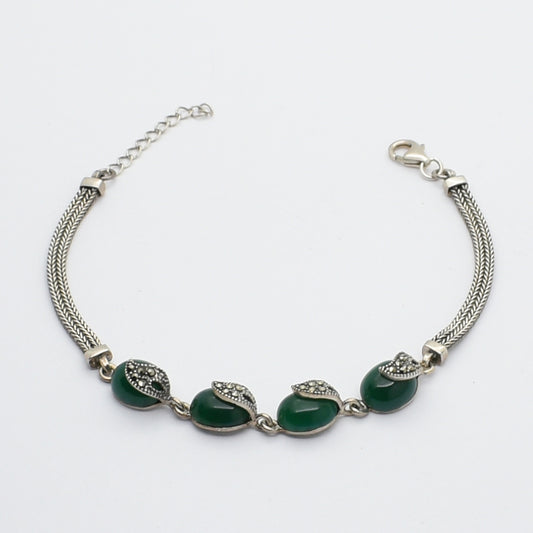 Vintage Silver Bracelet with Green Agate & Marcasite Accents