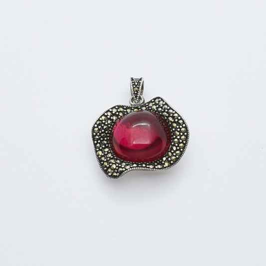 Fuchsia Garnet & Marcasite Vintage Silver Pendant.