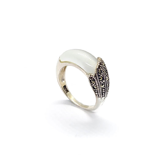 Vintage Silver White Cabochon & Marcasite Accent Ring - Dome Design