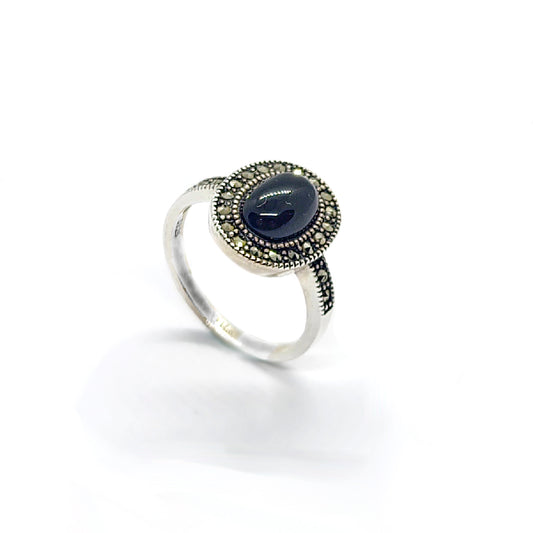 Black Onyx & Marcasite Vintage Silver Ring