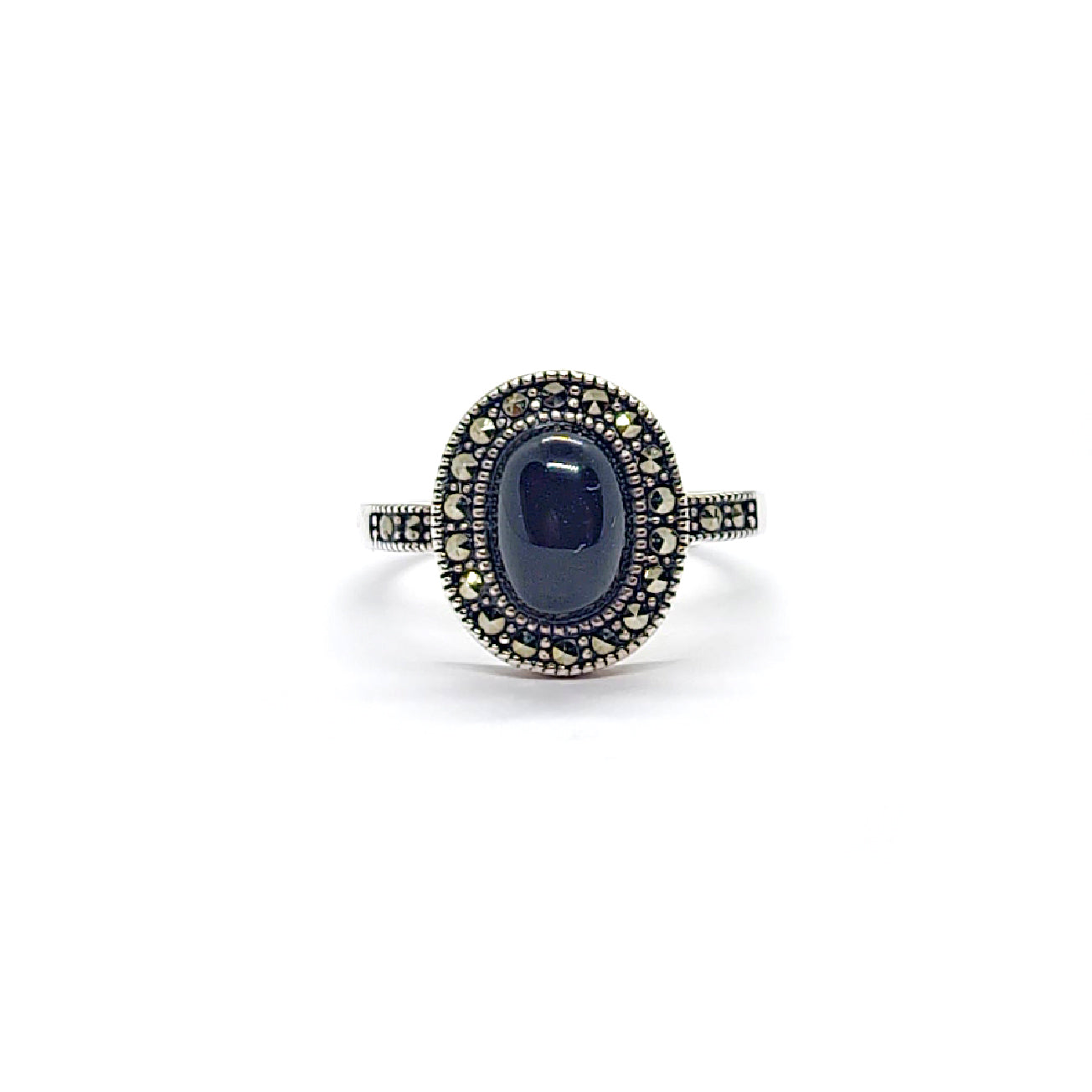 Black Onyx & Marcasite Vintage Silver Ring