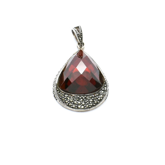 Vintage Silver Teardrop Garnet and Marcasite Pendant - XeeVass Jewelry Lebanon