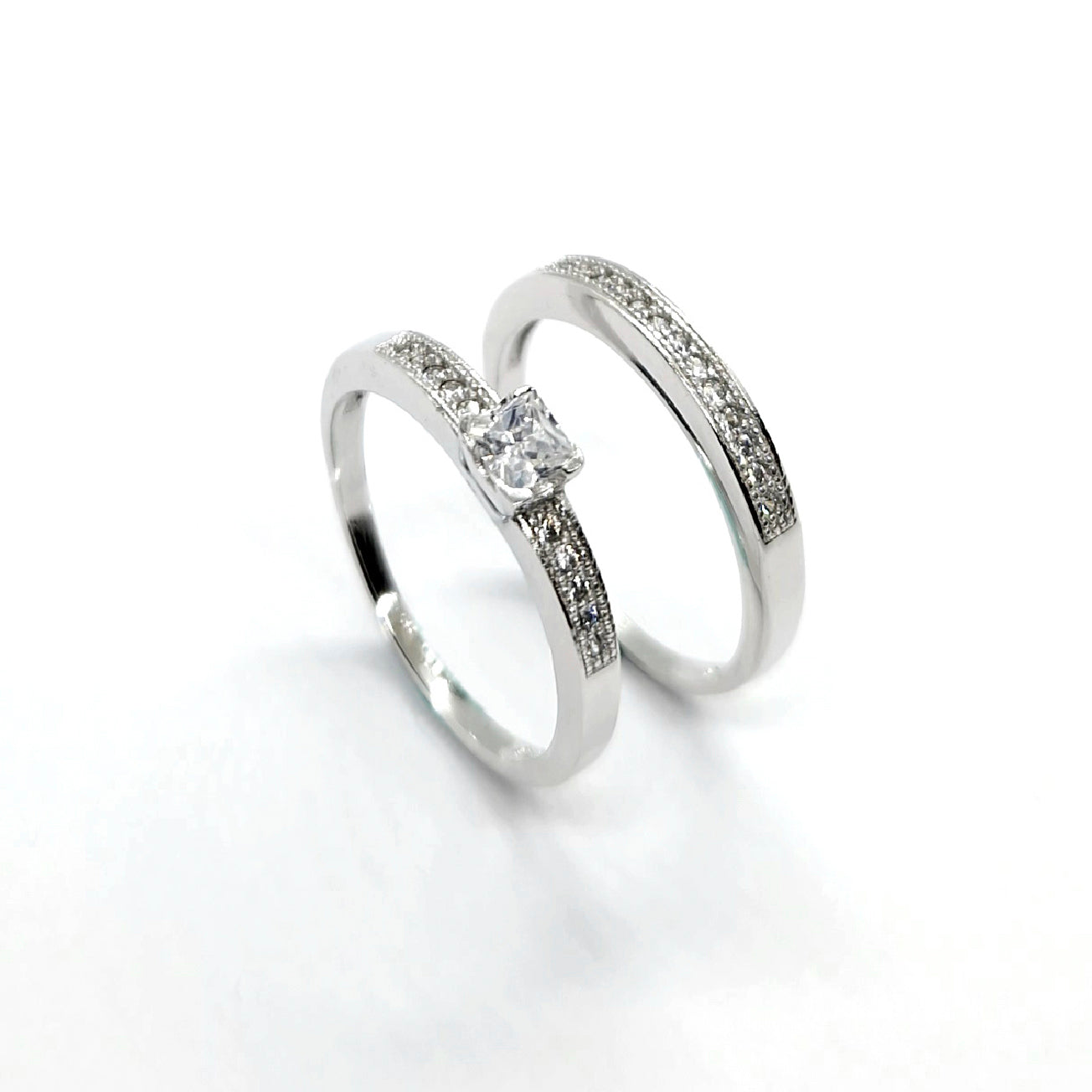 Modern Sterling Silver Princess-Cut Solitaire and Pavé Twin Ring Duo