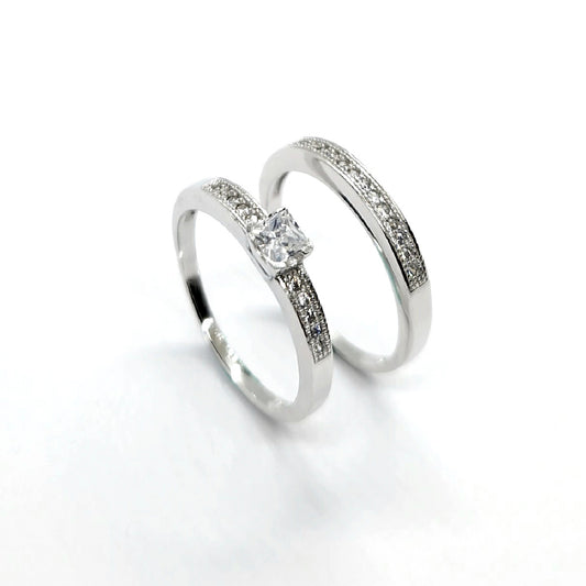 Modern Sterling Silver Princess-Cut Solitaire and Pavé Twin Ring Duo