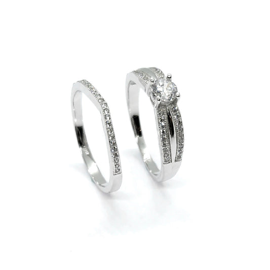 Refined Sterling Silver Cubic Zirconia Twin Ring Set with Channel Details