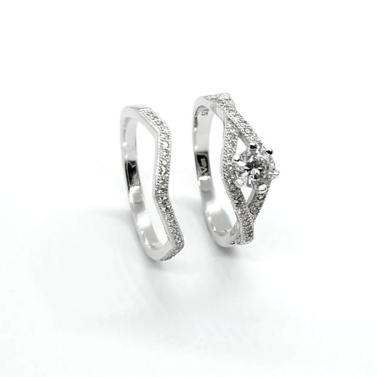 Modern Sterling Silver Interlocking Twin Ring Set with Cubic Zirconia