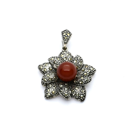 Carnelian and Marcasite Vintage Silver Flower Pendant  - XeeVass Jewelry Lebanon