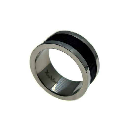 Men's Stainless Steel Ring with Black Rubber & Screw Accents