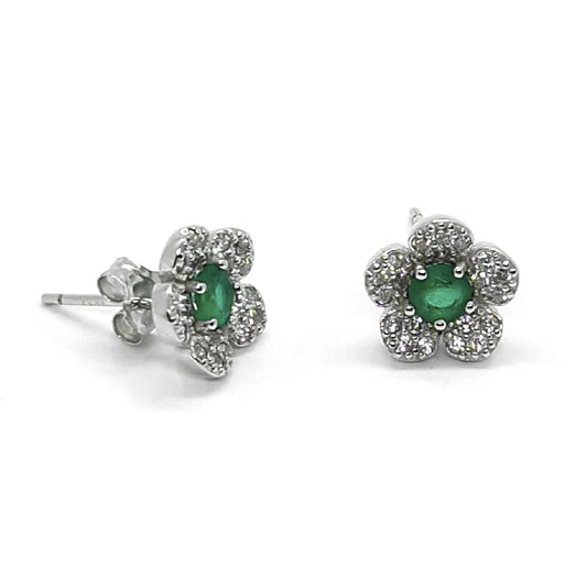 Green CZ Bloom Sterling Silver Stud Earrings