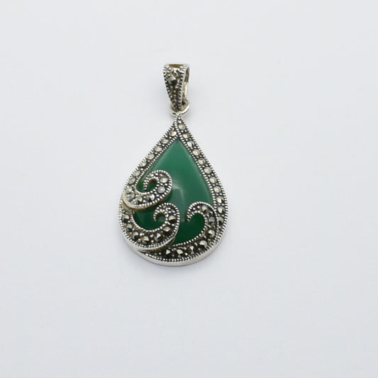Vintage Silver Green Agate & Marcasite Pendant