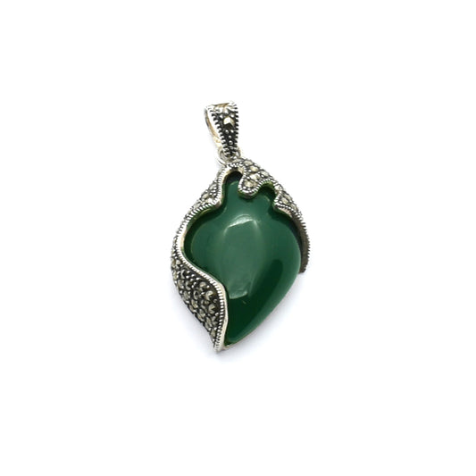 Vintage Silver Pendant with Green Agate and Marcasite