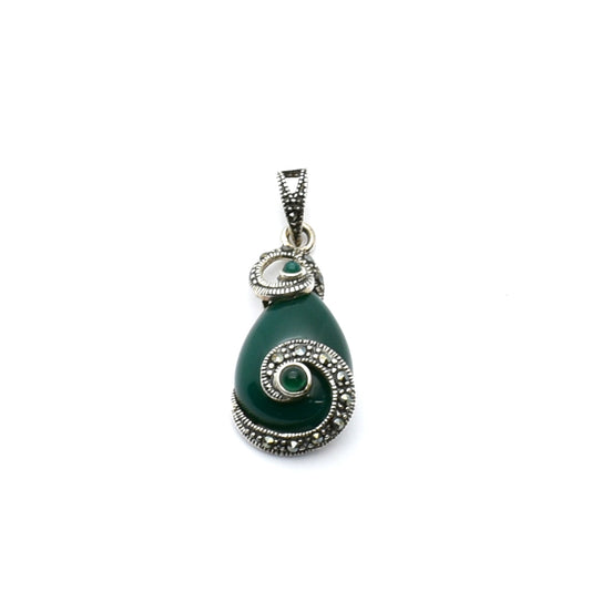 Vintage Silver Pendant with Green Agate and Marcasite Stones