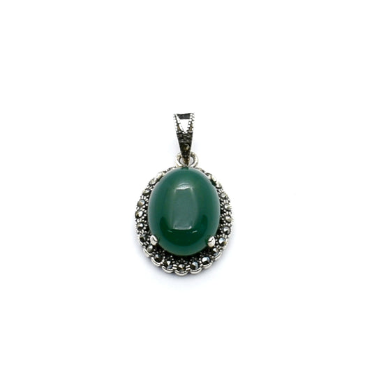 Vintage Silver Pendant with Oval Green Agate and Marcasite